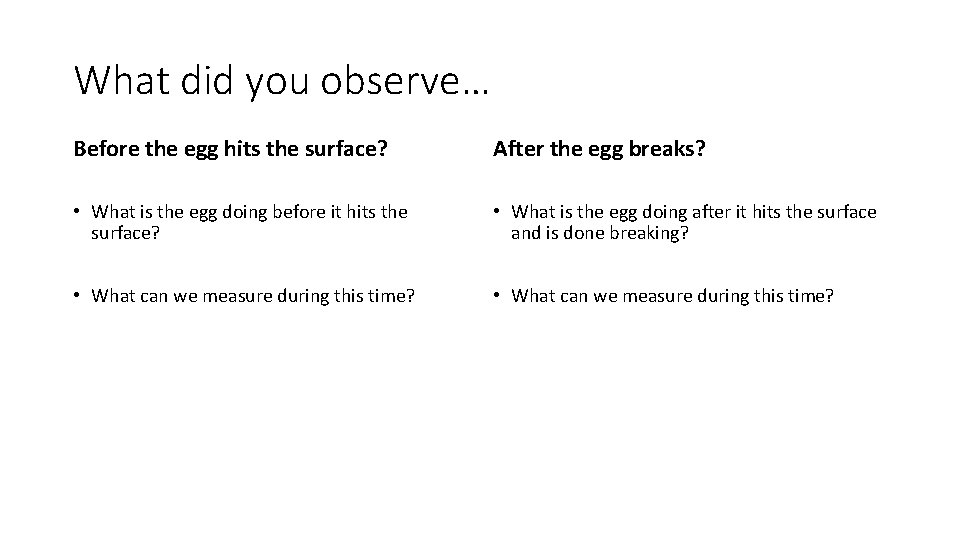 What did you observe… Before the egg hits the surface? After the egg breaks? What did you observe… Before the egg hits the surface? After the egg breaks?
