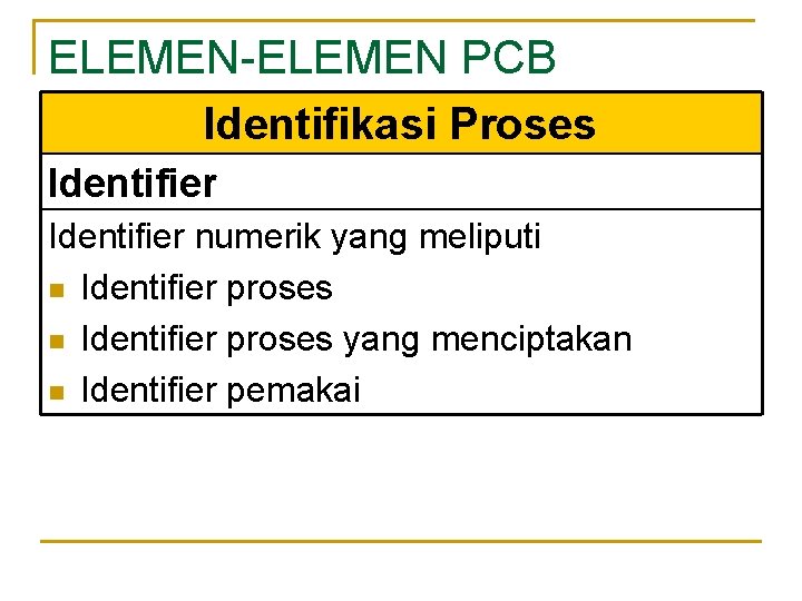 ELEMEN-ELEMEN PCB Identifikasi Proses Identifier numerik yang meliputi n Identifier proses yang menciptakan n