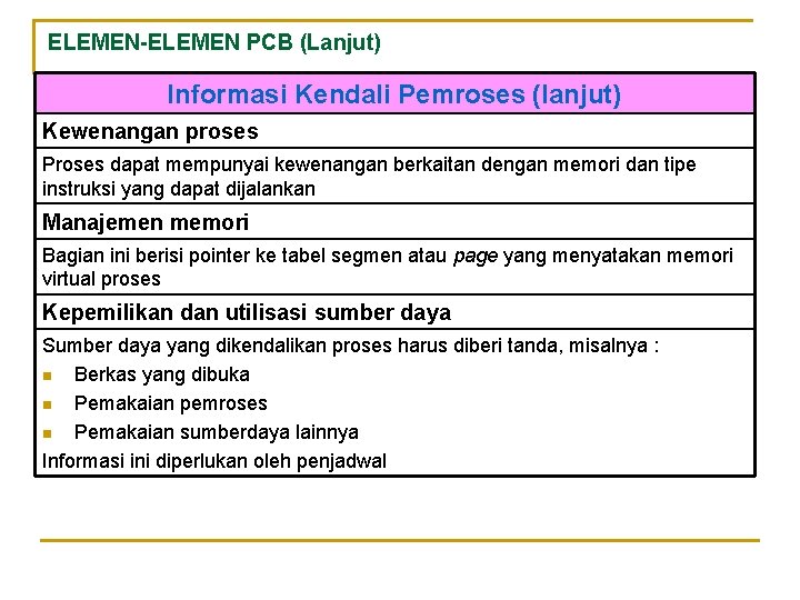 ELEMEN-ELEMEN PCB (Lanjut) Informasi Kendali Pemroses (lanjut) Kewenangan proses Proses dapat mempunyai kewenangan berkaitan