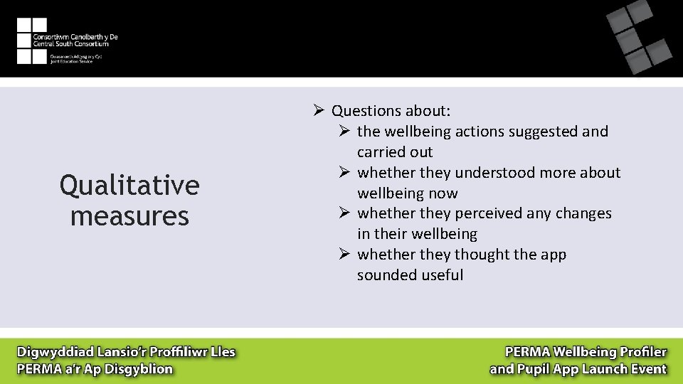 Qualitative measures Ø Questions about: Ø the wellbeing actions suggested and carried out Ø