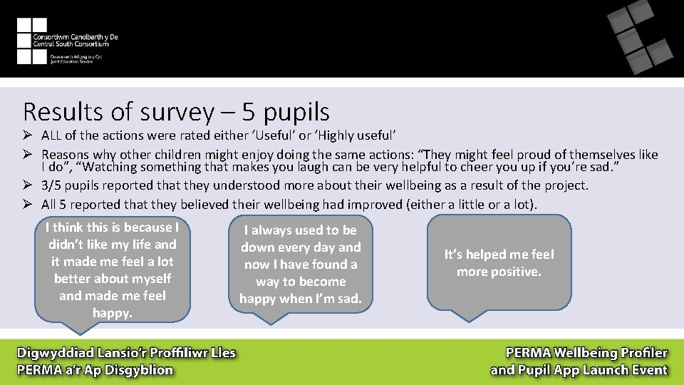 Results of survey – 5 pupils Ø ALL of the actions were rated either
