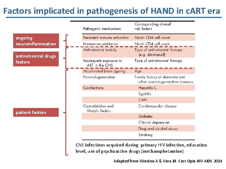 Factors implicated in pathogenesis of HAND in c. ART era ongoing neuroinflammation antiretroviral drugs