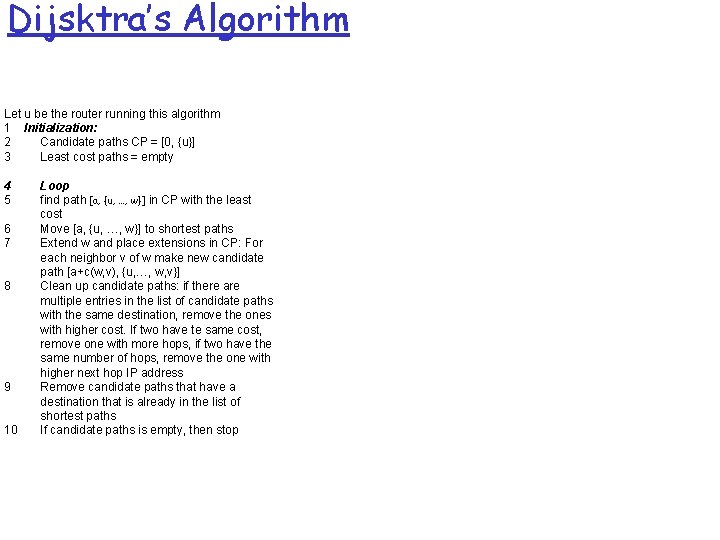 Dijsktra’s Algorithm Let u be the router running this algorithm 1 Initialization: 2 Candidate