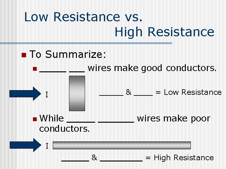 Low Resistance vs. High Resistance n To Summarize: wires make good conductors. n &
