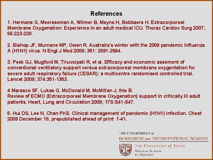 References 1. Hermans G, Meersseman A, Wilmer B, Meyns H, Bobbaers H. Extracorporeal Membrane