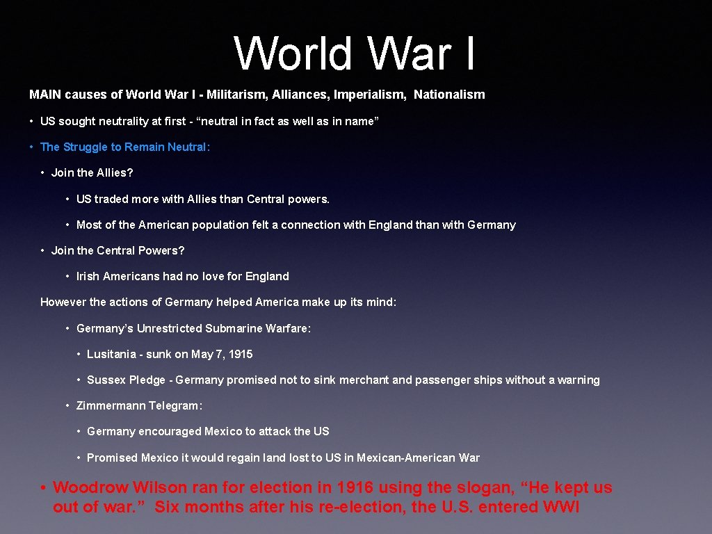 World War I MAIN causes of World War I - Militarism, Alliances, Imperialism, Nationalism