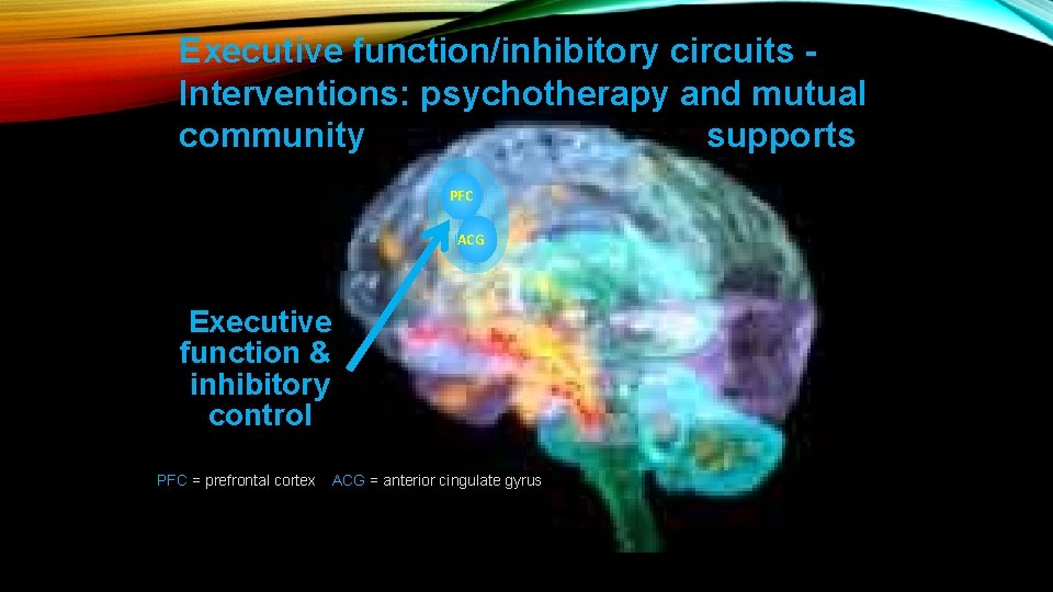 Executive function/inhibitory circuits Interventions: psychotherapy and mutual community supports PFC ACG Executive function &