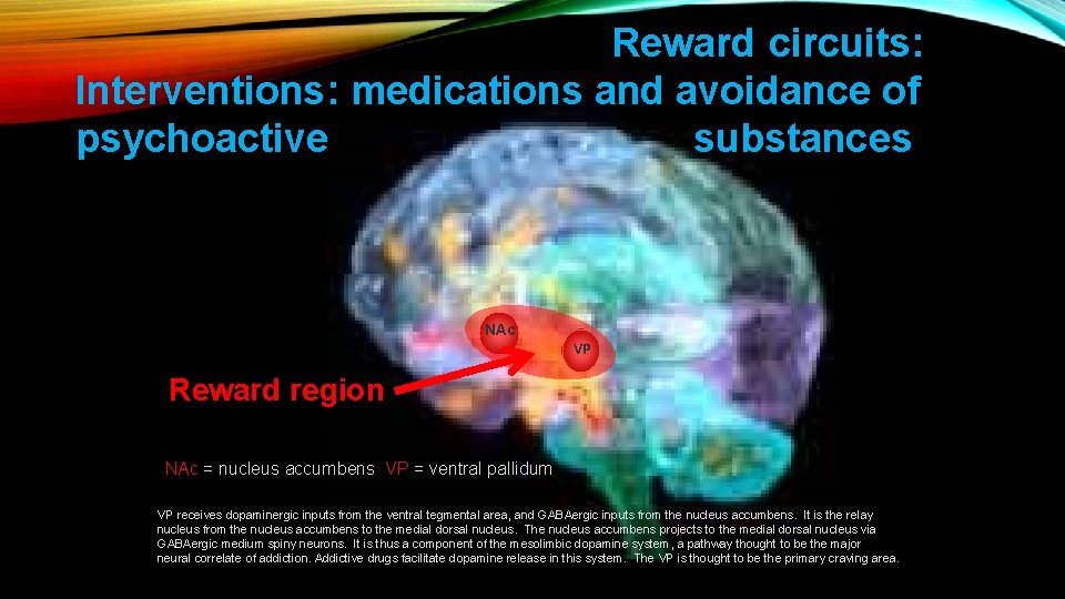 Reward circuits: Interventions: medications and avoidance of psychoactive substances NAc VP Reward region NAc