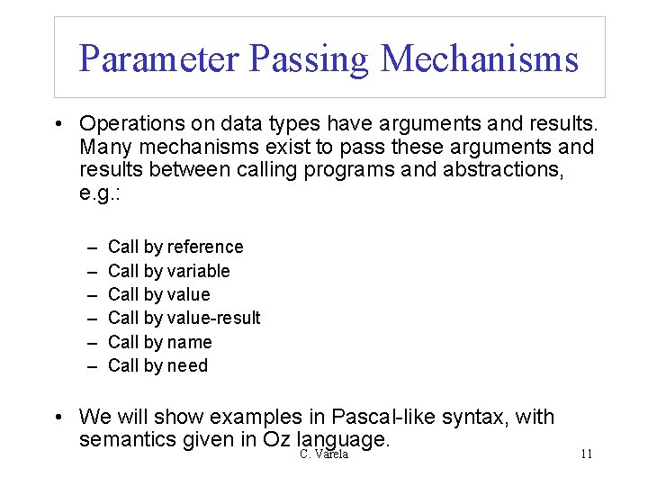 Parameter Passing Mechanisms • Operations on data types have arguments and results. Many mechanisms