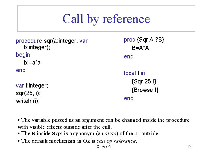 Call by reference proc {Sqr A ? B} B=A*A end procedure sqr(a: integer, var