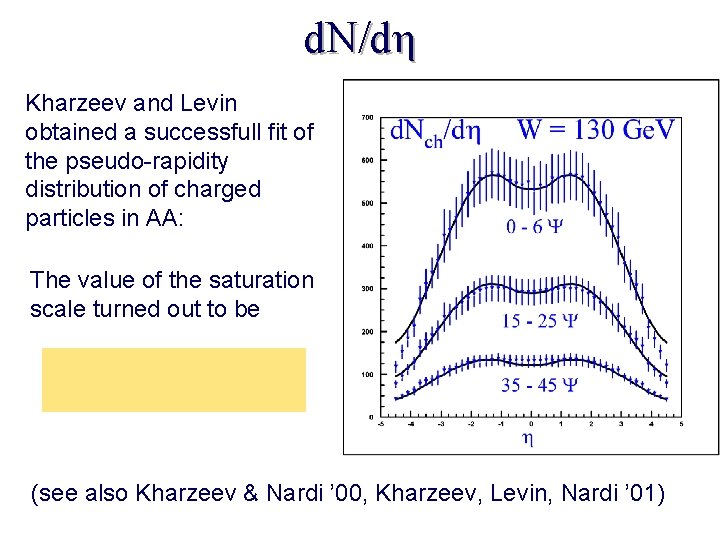 d. N/dη Kharzeev and Levin obtained a successfull fit of the pseudo-rapidity distribution of