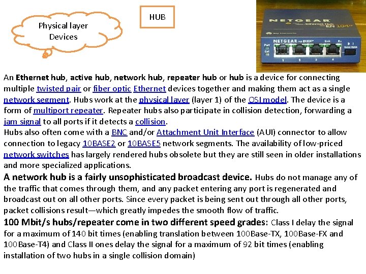 Physical layer Devices HUB An Ethernet hub, active hub, network hub, repeater hub or