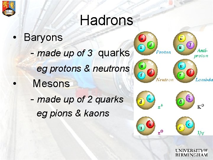 Hadrons • Baryons - made up of 3 quarks eg protons & neutrons •