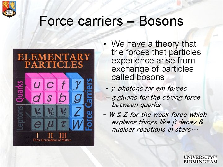 Force carriers – Bosons • We have a theory that the forces that particles