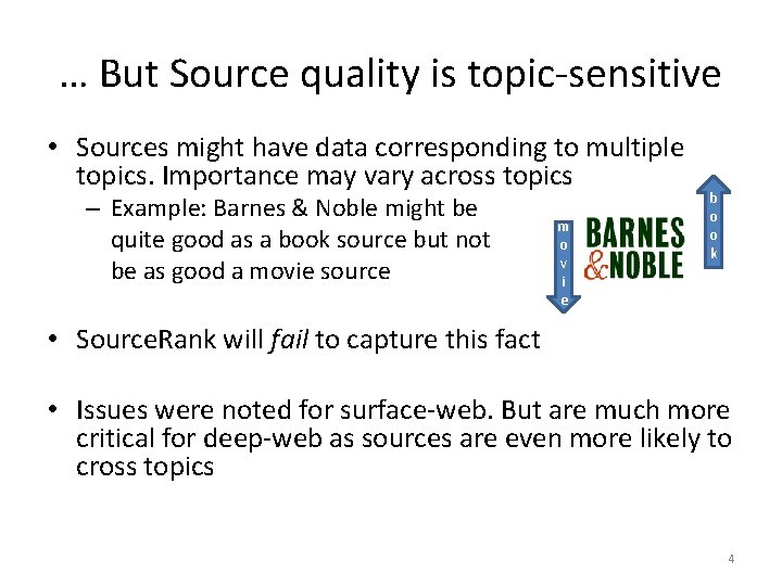 … But Source quality is topic-sensitive • Sources might have data corresponding to multiple