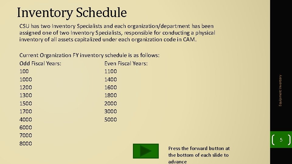 Inventory Schedule Current Organization FY inventory schedule is as follows: Odd Fiscal Years: Even