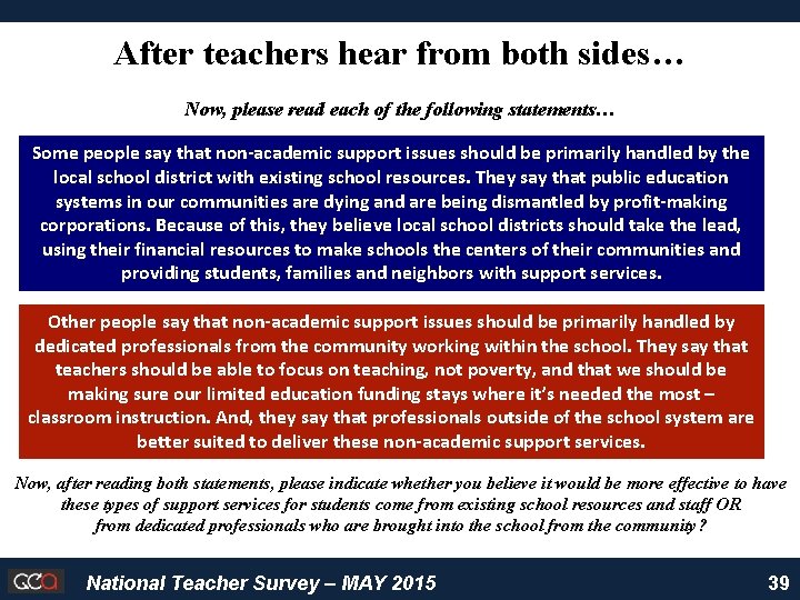 After teachers hear from both sides… Now, please read each of the following statements…