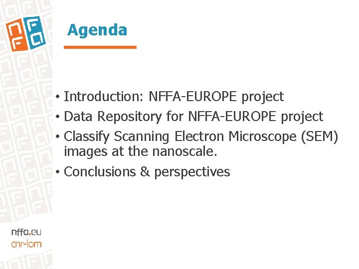 Agenda • Introduction: NFFA-EUROPE project • Data Repository for NFFA-EUROPE project • Classify Scanning