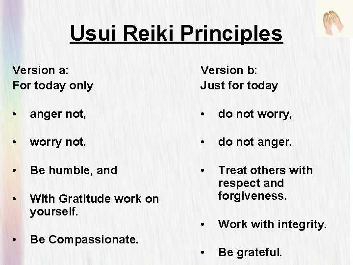 Usui Reiki Principles Version a: For today only Version b: Just for today •