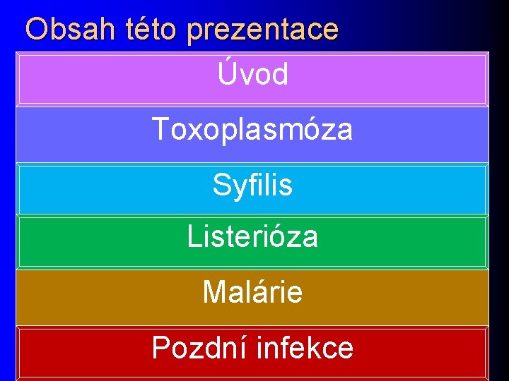 Obsah této prezentace Úvod Toxoplasmóza Syfilis Listerióza Malárie Pozdní infekce 