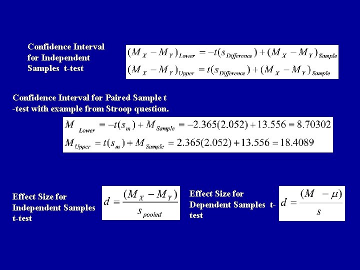 Confidence Interval for Independent Samples t-test Confidence Interval for Paired Sample t -test with