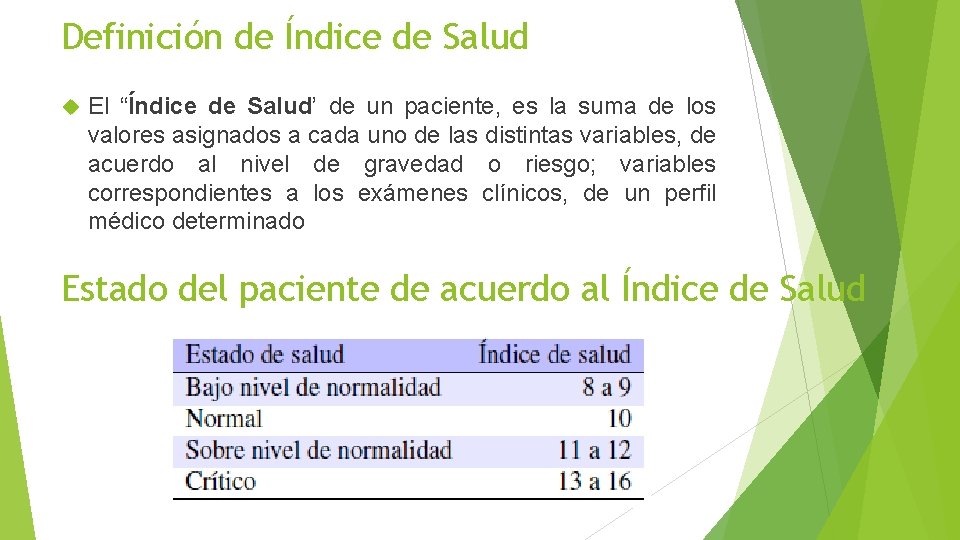 Definición de Índice de Salud El “Índice de Salud’ de un paciente, es la