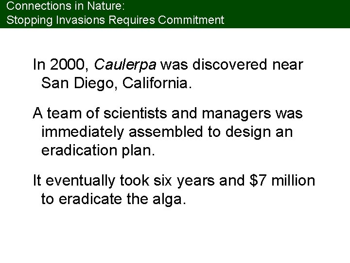 Connections in Nature: Stopping Invasions Requires Commitment In 2000, Caulerpa was discovered near San