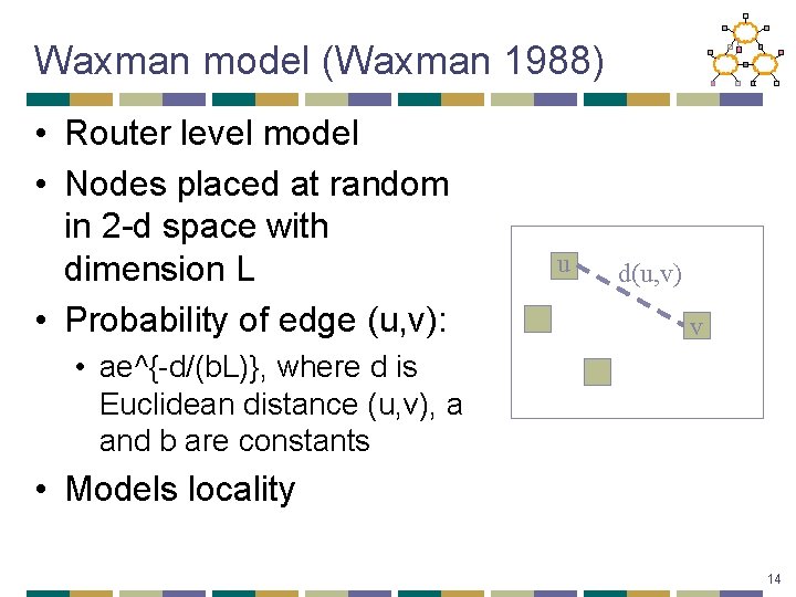 Waxman model (Waxman 1988) • Router level model • Nodes placed at random in