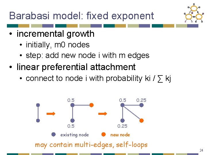 Barabasi model: fixed exponent • incremental growth • initially, m 0 nodes • step: