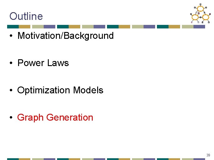 Outline • Motivation/Background • Power Laws • Optimization Models • Graph Generation 39 