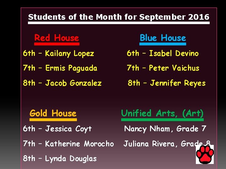 Students of the Month for September 2016 Red House Blue House 6 th –