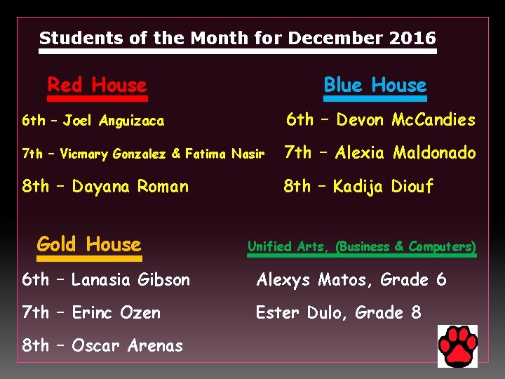 Students of the Month for December 2016 Red House Blue House 6 th –