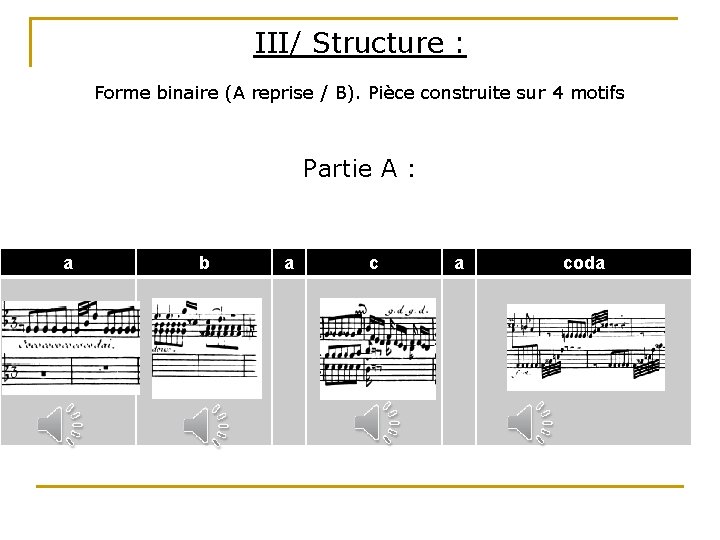 III/ Structure : Forme binaire (A reprise / B). Pièce construite sur 4 motifs