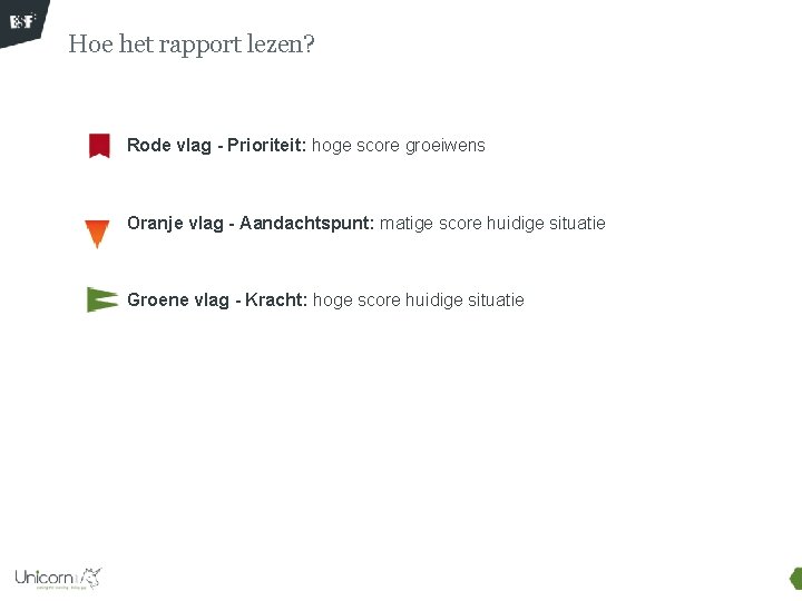 Hoe het rapport lezen? • Rode vlag - Prioriteit: hoge score groeiwens • Oranje