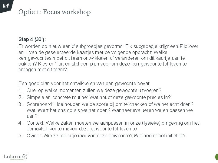 Optie 1: Focus workshop Stap 4 (30’): Er worden op nieuw een # subgroepjes