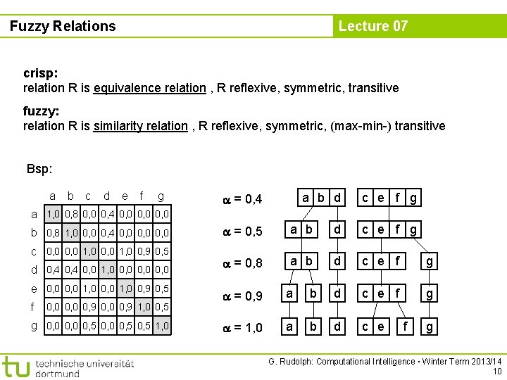 Fuzzy Relations Lecture 07 crisp: relation R is equivalence relation , R reflexive, symmetric,