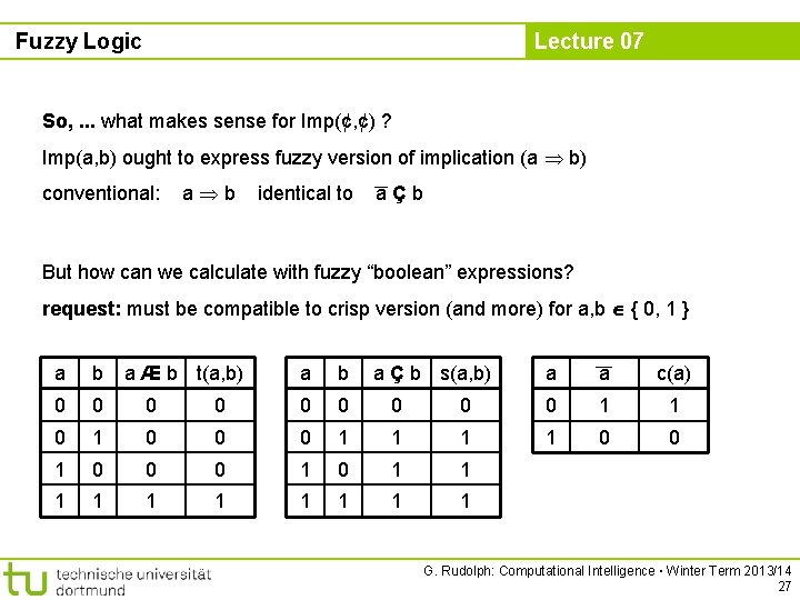 Fuzzy Logic Lecture 07 So, . . . what makes sense for Imp(¢, ¢)