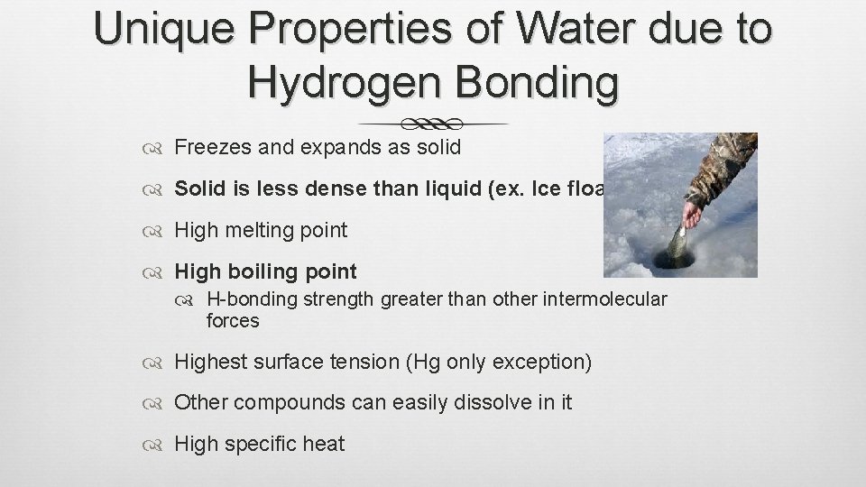 Unique Properties of Water due to Hydrogen Bonding Freezes and expands as solid Solid