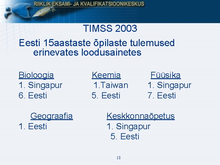 TIMSS 2003 Eesti 15 aastaste õpilaste tulemused erinevates loodusainetes Bioloogia 1. Singapur 6. Eesti