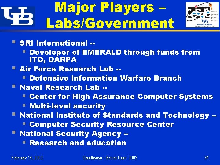 Major Players – Labs/Government § § § SRI International -§ Developer of EMERALD through Major Players – Labs/Government § § § SRI International -§ Developer of EMERALD through