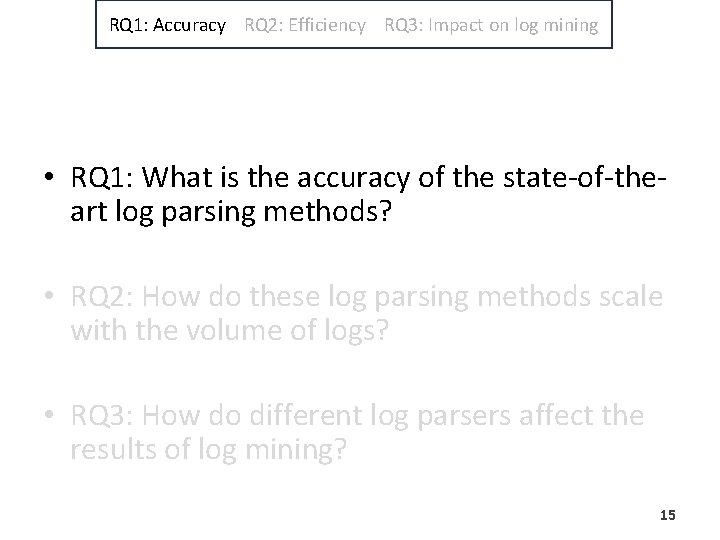RQ 1: Accuracy RQ 2: Efficiency RQ 3: Impact on log mining • RQ RQ 1: Accuracy RQ 2: Efficiency RQ 3: Impact on log mining • RQ