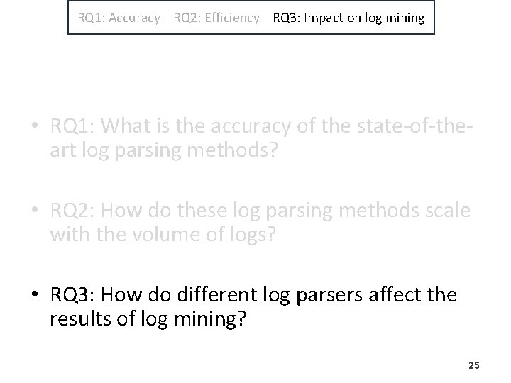 RQ 1: Accuracy RQ 2: Efficiency RQ 3: Impact on log mining • RQ RQ 1: Accuracy RQ 2: Efficiency RQ 3: Impact on log mining • RQ