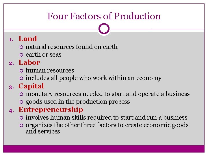 Four Factors of Production 1. Land 2. Labor 3. human resources includes all people