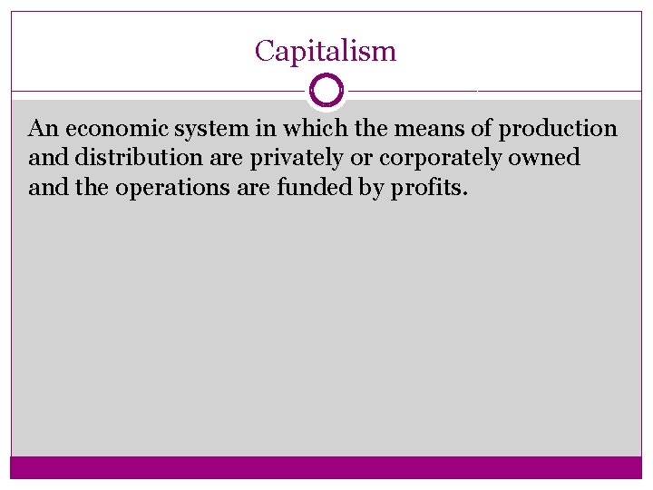 Capitalism An economic system in which the means of production and distribution are privately