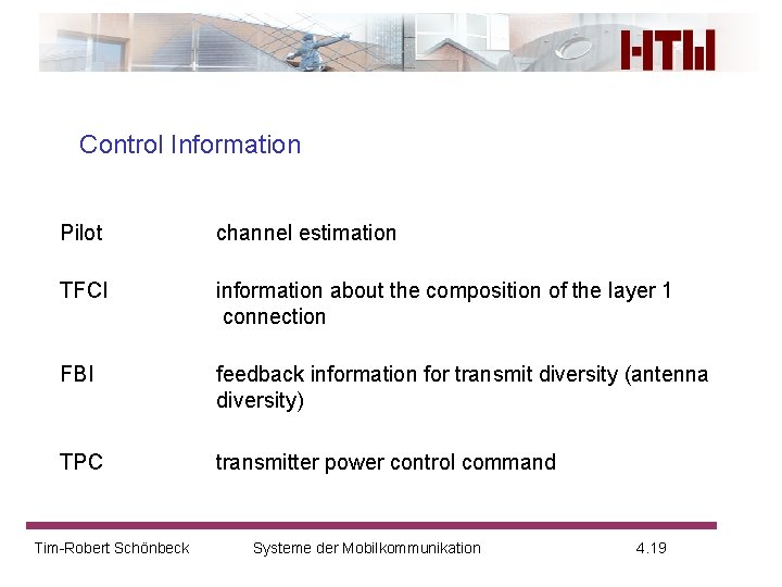 Control Information Pilot channel estimation TFCI information about the composition of the layer 1