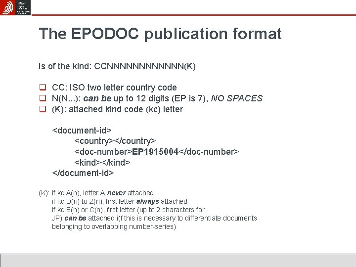 The EPODOC publication format Is of the kind: CCNNNNNN(K) q CC: ISO two letter