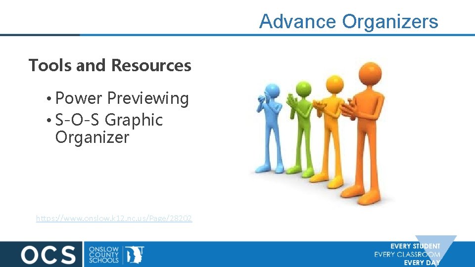 Advance Organizers Tools and Resources • Power Previewing • S-O-S Graphic Organizer https: //www.