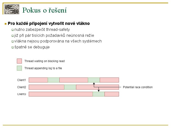 Pokus o řešení Pro každé připojení vytvořit nové vlákno nutno zabezpečit thread-safety již při