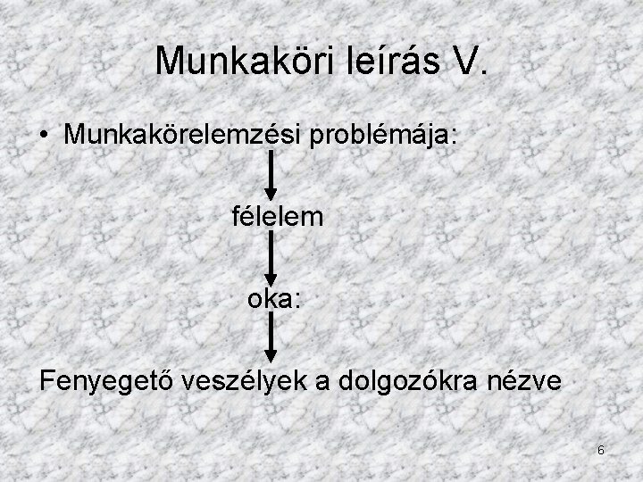 Munkaköri leírás V. • Munkakörelemzési problémája: félelem oka: Fenyegető veszélyek a dolgozókra nézve 6