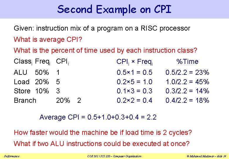 Second Example on CPI Given: instruction mix of a program on a RISC processor